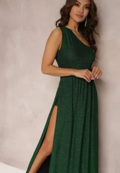 Zielona Brokatowa Sukienka Maxi z Asymetryczną Górą i Rozkloszowanym Dołem Eulita