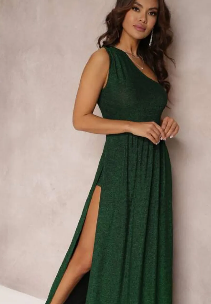 Zielona Brokatowa Sukienka Maxi z Asymetryczną Górą i Rozkloszowanym Dołem Eulita