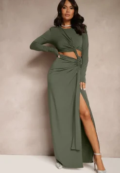 Zielona Dopasowana Sukienka z Rozcięciem z Tyłu Marszczeniem i Wycięciem w Talii Ililia