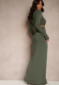 Zielona Dopasowana Sukienka z Rozcięciem z Tyłu Marszczeniem i Wycięciem w Talii Ililia