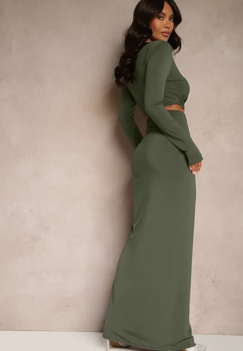 Zielona Dopasowana Sukienka z Rozcięciem z Tyłu Marszczeniem i Wycięciem w Talii Ililia