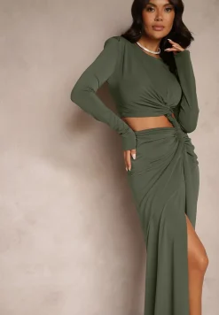 Zielona Dopasowana Sukienka z Rozcięciem z Tyłu Marszczeniem i Wycięciem w Talii Ililia