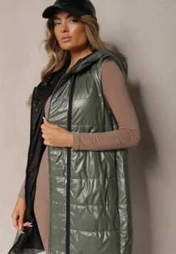 Zielona Długa Kamizelka Pikowana z Naszywką i Kapturem Mevianis