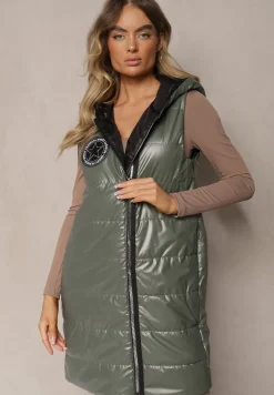 Zielona Długa Kamizelka Pikowana z Naszywką i Kapturem Mevianis