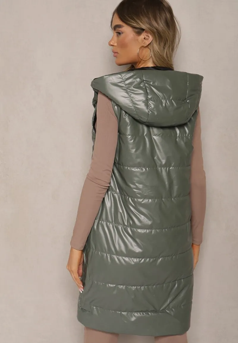 Zielona Długa Kamizelka Pikowana z Naszywką i Kapturem Mevianis