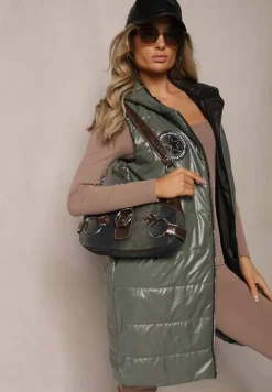 Zielona Długa Kamizelka Pikowana z Naszywką i Kapturem Mevianis