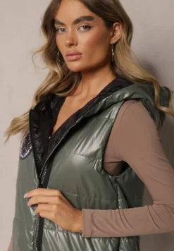 Zielona Długa Kamizelka Pikowana z Naszywką i Kapturem Mevianis