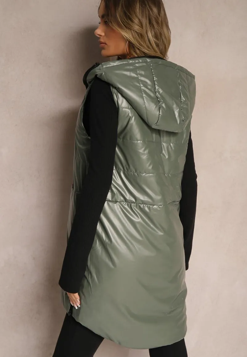 Zielona Długa Kamizelka z Naszywką i Kapturem Wykończona Napami Nevellitae