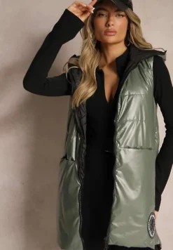 Zielona Długa Kamizelka z Naszywką i Kapturem Wykończona Napami Nevellitae