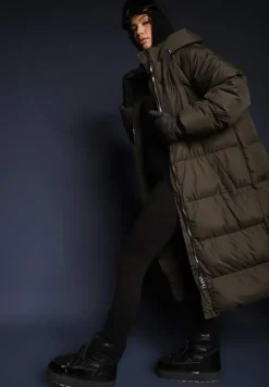 Zielona Długa Kurtka Pikowana z Kapturem Serea