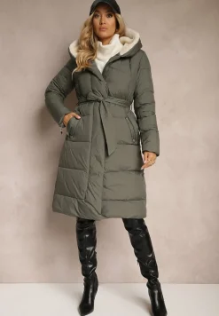 Zielona Długa Kurtka Pikowana z Kapturem Wiązana w Pasie Neanethra