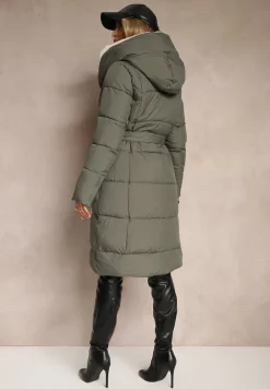 Zielona Długa Kurtka Pikowana z Kapturem Wiązana w Pasie Neanethra