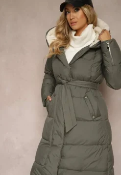 Zielona Długa Kurtka Pikowana z Kapturem Wiązana w Pasie Neanethra