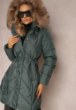 Zielona Długa Pikowana Kurtka w Stylu Parki z Troczkiem w Pasie i Sztucznym Futerkiem Abelasa