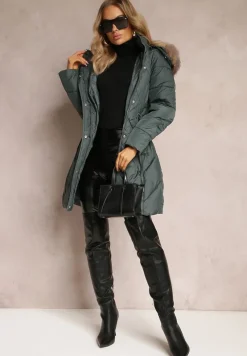 Zielona Długa Pikowana Kurtka w Stylu Parki z Troczkiem w Pasie i Sztucznym Futerkiem Abelasa
