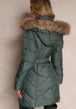 Zielona Długa Pikowana Kurtka w Stylu Parki z Troczkiem w Pasie i Sztucznym Futerkiem Abelasa