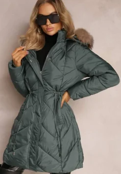 Zielona Długa Pikowana Kurtka w Stylu Parki z Troczkiem w Pasie i Sztucznym Futerkiem Abelasa