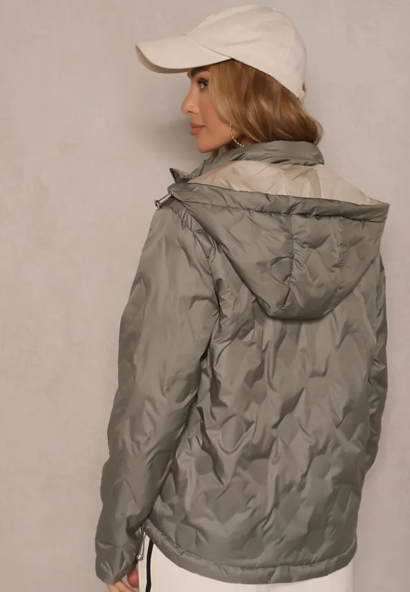 Zielona Dwustronna Kurtka z Pikowanymi Przeszyciami i Odpinanym Kapturem Zelirelle