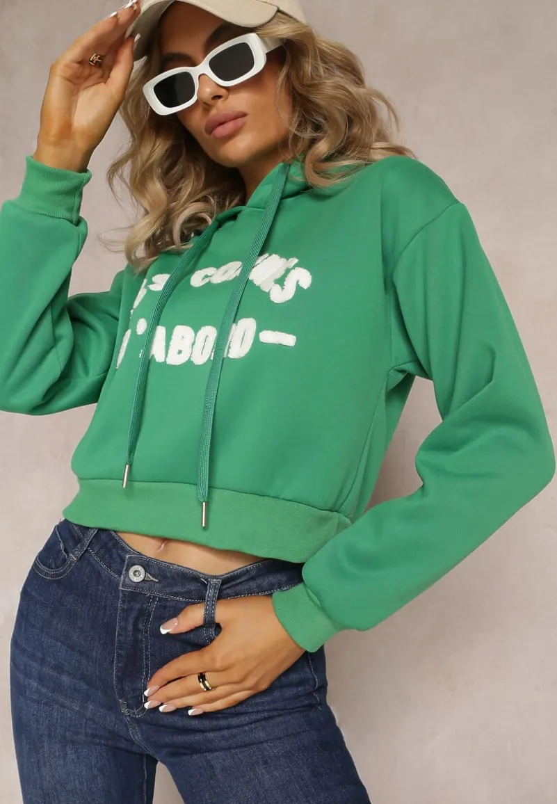 Zielona Dzianinowa Bluza z Nadrukiem i Kapturem Faminese