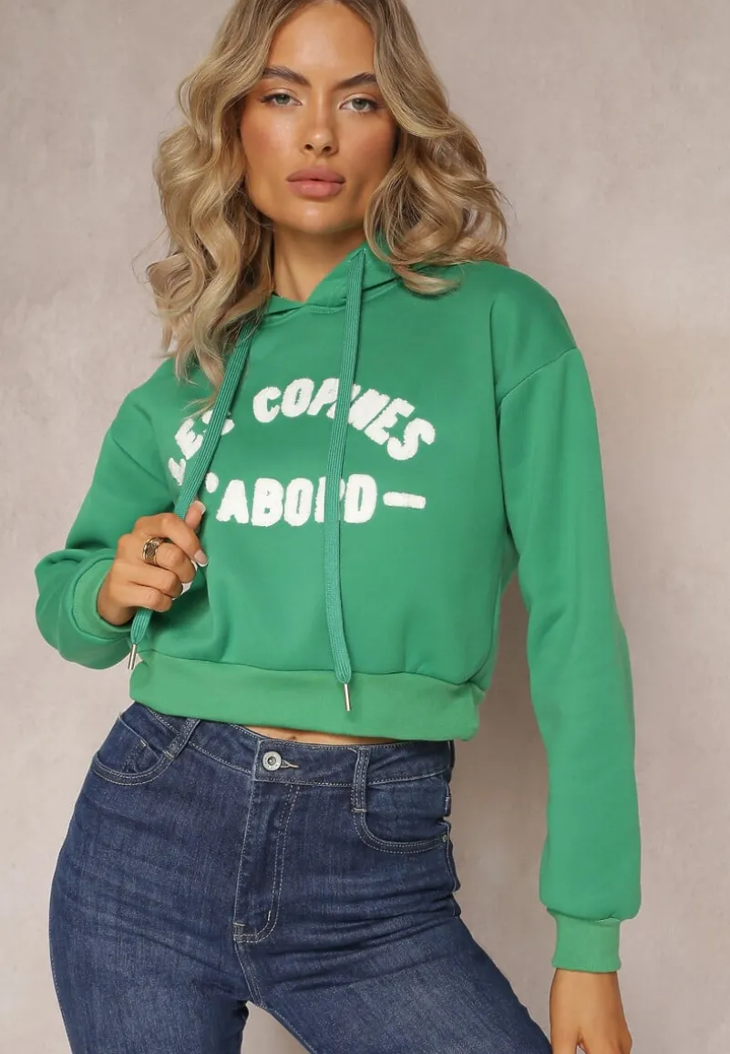 Zielona Dzianinowa Bluza z Nadrukiem i Kapturem Faminese