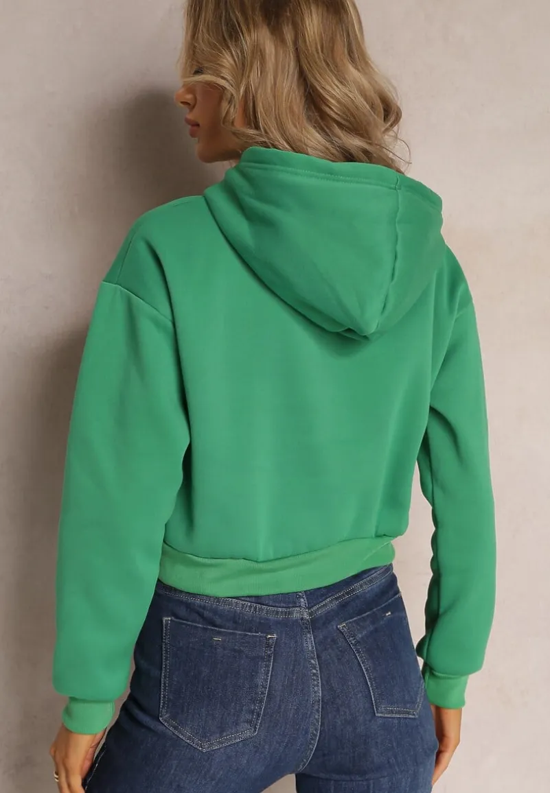 Zielona Dzianinowa Bluza z Nadrukiem i Kapturem Faminese