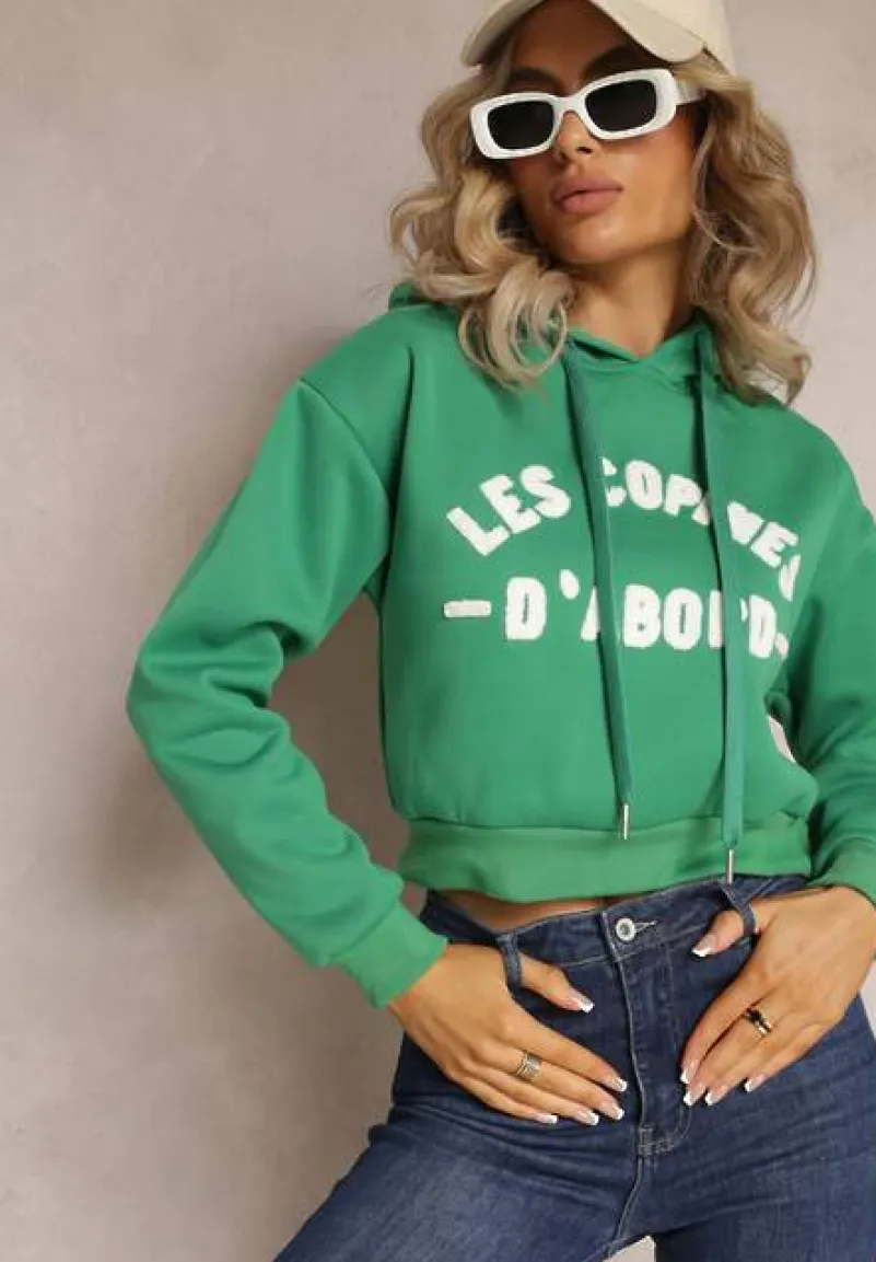 Zielona Dzianinowa Bluza z Nadrukiem i Kapturem Faminese