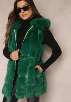 Zielona Futrzana Kamizelka z Kapturem Konessa