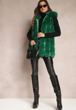 Zielona Futrzana Kamizelka z Kapturem Konessa