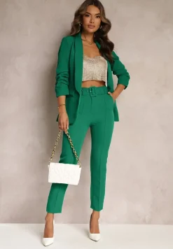 Zielona Gładka Marynarka z Rękawami 7/8 i Klapami Adylia