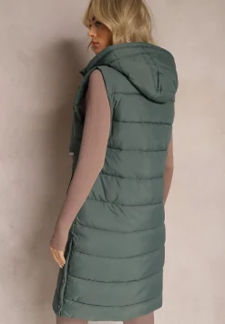 Zielona Kamizelka o Wydłużonym Fasonie z Pikowaniem i Kieszeniami Banuni