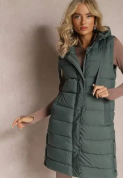Zielona Kamizelka o Wydłużonym Fasonie z Pikowaniem i Kieszeniami Banuni