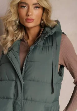 Zielona Kamizelka o Wydłużonym Fasonie z Pikowaniem i Kieszeniami Banuni