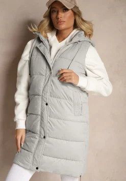 Zielona Kamizelka Pikowana z Kapturem Ozdobiona Sznurkami Eleandra