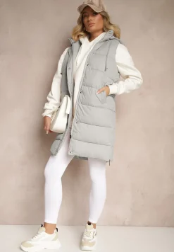 Zielona Kamizelka Pikowana z Kapturem Ozdobiona Sznurkami Eleandra