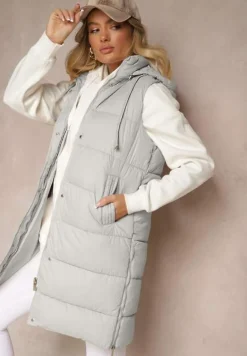 Zielona Kamizelka Pikowana z Kapturem Ozdobiona Sznurkami Eleandra