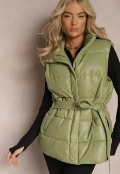 Zielona Kamizelka Pikowana z Wiązanym Paskiem z Ekoskóry Sotochus