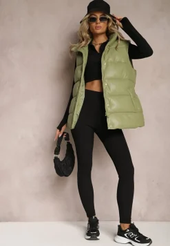 Zielona Kamizelka Pikowana z Wiązanym Paskiem z Ekoskóry Sotochus