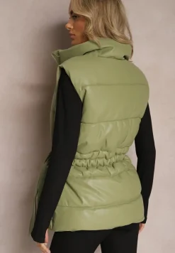 Zielona Kamizelka Pikowana z Wiązanym Paskiem z Ekoskóry Sotochus