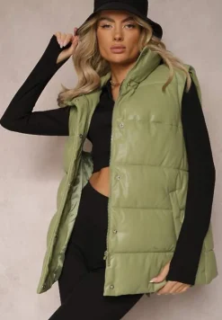 Zielona Kamizelka Pikowana z Wiązanym Paskiem z Ekoskóry Sotochus