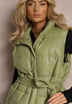 Zielona Kamizelka Pikowana z Wiązanym Paskiem z Ekoskóry Sotochus