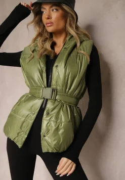 Zielona Kamizelka Pikowana z Kapturem Ozdobiona Paskiem Erienni