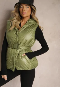 Zielona Kamizelka Pikowana z Kapturem Ozdobiona Paskiem Erienni