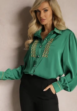 Zielona Koszula Satynowa z Cyrkoniami i Perełkami oraz Kołnierzykiem Dokeria