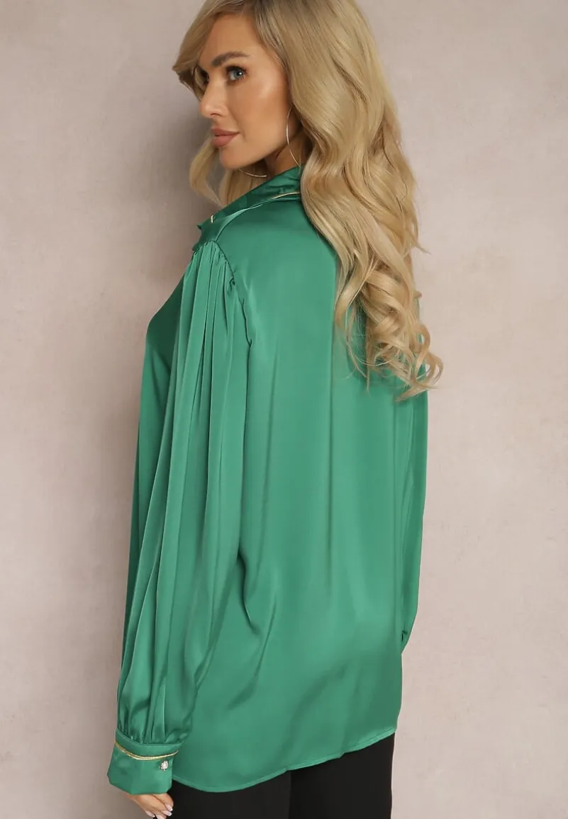 Zielona Koszula Satynowa z Cyrkoniami i Perełkami oraz Kołnierzykiem Dokeria