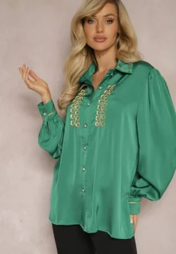 Zielona Koszula Satynowa z Cyrkoniami i Perełkami oraz Kołnierzykiem Dokeria