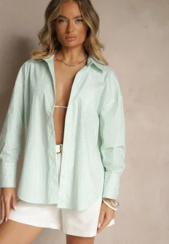 Zielona Koszula z Bawełny o Kroju Oversize w Paski z Metalicznymi Zdobieniami Pasenitia