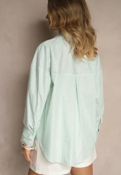 Zielona Koszula z Bawełny o Kroju Oversize w Paski z Metalicznymi Zdobieniami Pasenitia