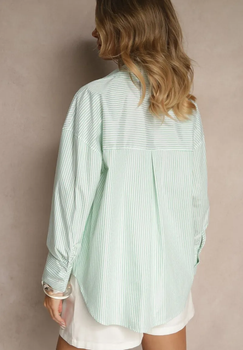 Zielona Koszula z Bawełny o Kroju Oversize w Paski z Metalicznymi Zdobieniami Pasenitia