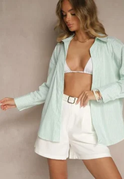 Zielona Koszula z Bawełny o Kroju Oversize w Paski z Metalicznymi Zdobieniami Pasenitia