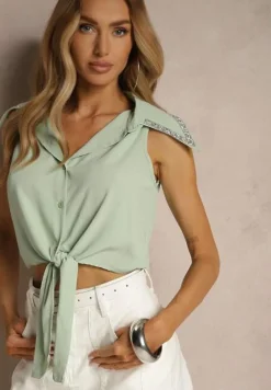 Zielona Koszula z Kołnierzykiem Ozdobiona Cyrkoniami Revorelle